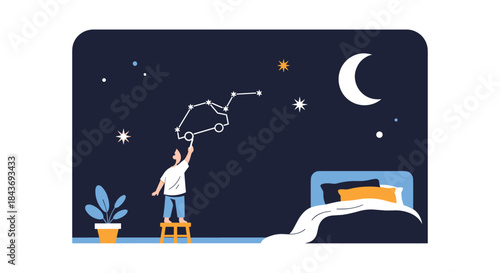 Child standing on a stool in their bedroom at night, drawing the Ursa Major constellation on the wall, sparking curiosity about astronomy.