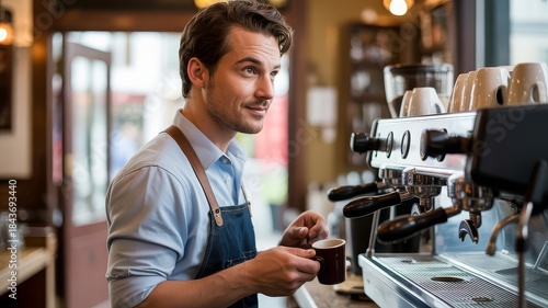 A smiling barista in an apron prepares a coffee drink behind a professional espresso machine in a cafe.