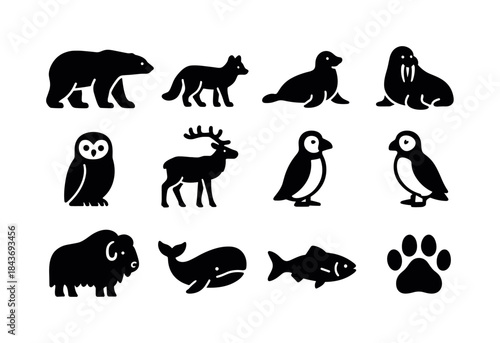 Arctic Wildlife Icons. Arctic wildlife. Solid icon set of arctic