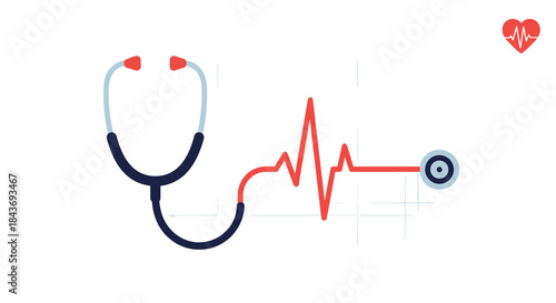 Medical stethoscope creatively forming a red EKG heartbeat line, symbolizing cardiology, healthcare, and monitoring vital signs.