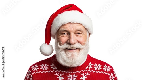 Smiling Santa Claus wearing a red Christmas sweater featuring an elaborate white beard