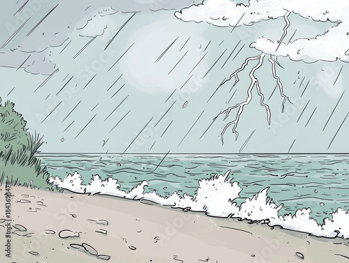 A rough sea on a stormy day, featuring heavy rainfall, frothy waves hitting the sandy shore, and a dramatic lightning strike overhead from dark clouds