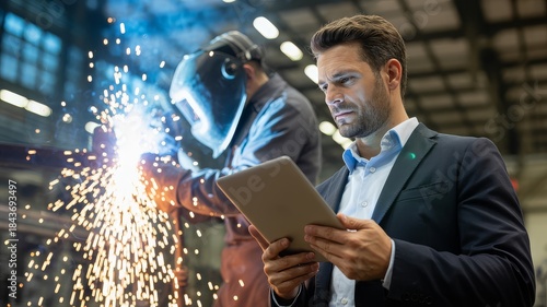 A businessman in a suit uses a tablet while a welder works in the background, creating sparks.