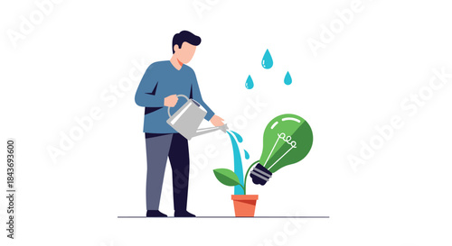 Man watering a small plant that is also a green lightbulb, symbolizing the nurturing of green energy ideas, innovation, and eco-friendly solutions.