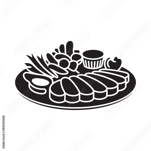 A black and white illustration of a cheese platter with olives and fruit