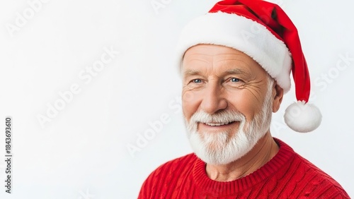 Smiling senior man with Santa hat and red sweater against a white backdrop