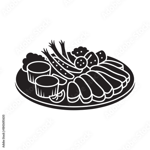 A black and white illustration of a plate with meat vegetables and sauces