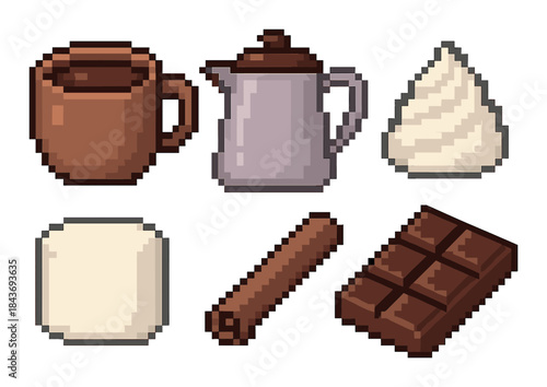 Pixel art beverage ingredients: mug, pitcher, marshmallow, whipped cream, cinnamon, chocolate