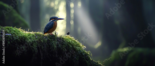 A vibrant kingfisher perches on a mossy log, bathed in ethereal light rays filtering through a mystical, sun-dappled forest