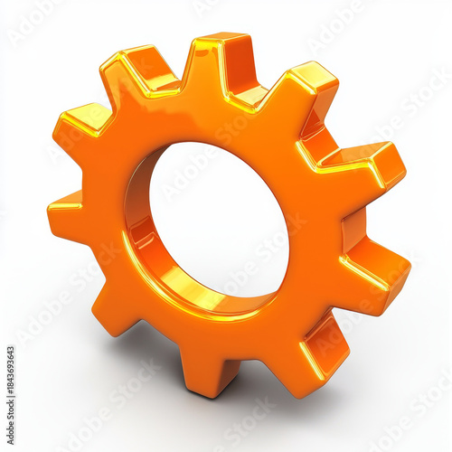 A vibrant orange, glossy 3D gear icon with beveled edges, isolated on a clean white background, representing mechanics or settings