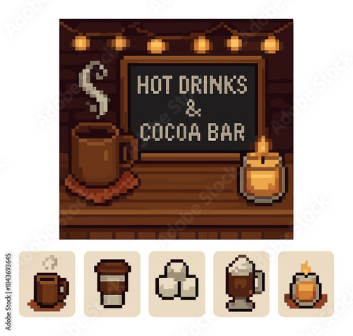 Cozy coffee bar with string lights and pixel art icons for hot drinks and cocoa