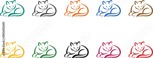 Sleeping cat icons in multiple colors, Colorful feline sleeping icon collection