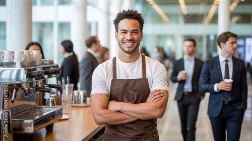 A smiling barista in an apron stands confidently with his arms crossed in front of a coffee machine.
