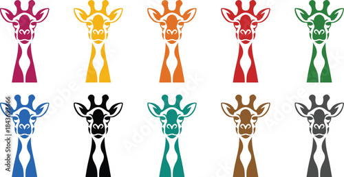 Colorful giraffe head silhouettes on white, Giraffe animal head icon collection