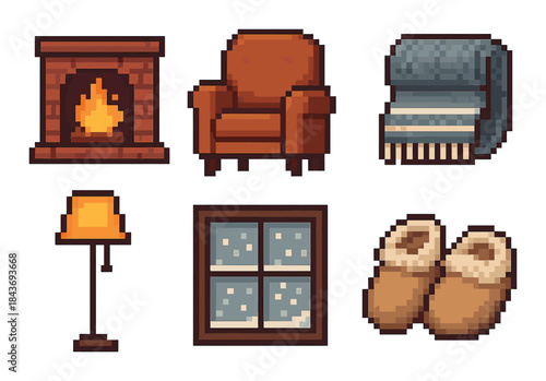 Cozy pixel art: fireplace, armchair, blanket, lamp, window, slippers