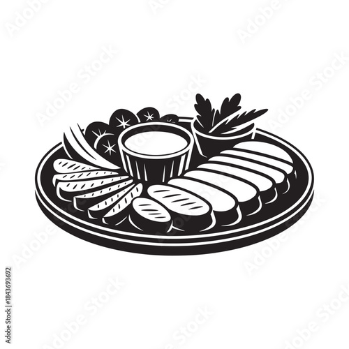 A black and white illustration of a platter with meat vegetables and dip