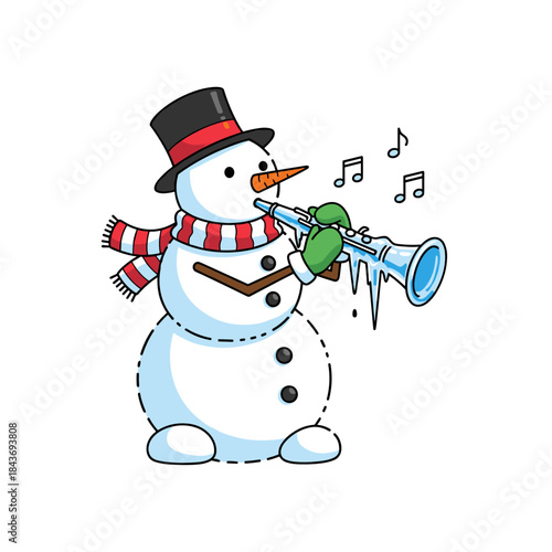 Cute snowman with carrot nose playing a blue clarinet in winter  