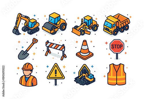 Road Construction Icons. Road Construction. Colorful isometric v