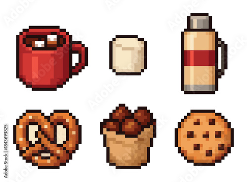 Pixel art snacks: mug, marshmallow, thermos, pretzel, nuggets, cookie
