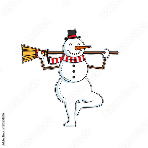 Cute snowman with carrot nose and broom doing yoga pose  