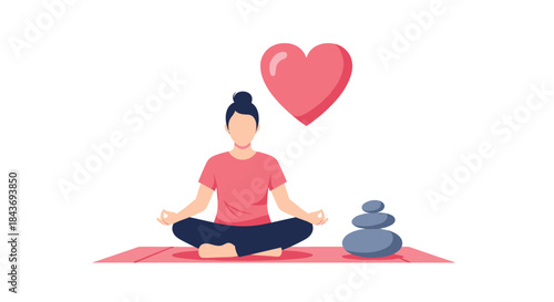 Faceless woman in lotus position meditating for mindfulness and self-love, with a heart icon floating above her head in this flat illustration.