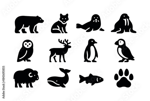 Arctic Wildlife Icons. Arctic wildlife. Solid icon set of arctic