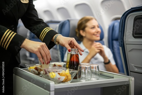 Flight attendant serving drinks and snacks to a smiling passenger on an airplane during a flight.