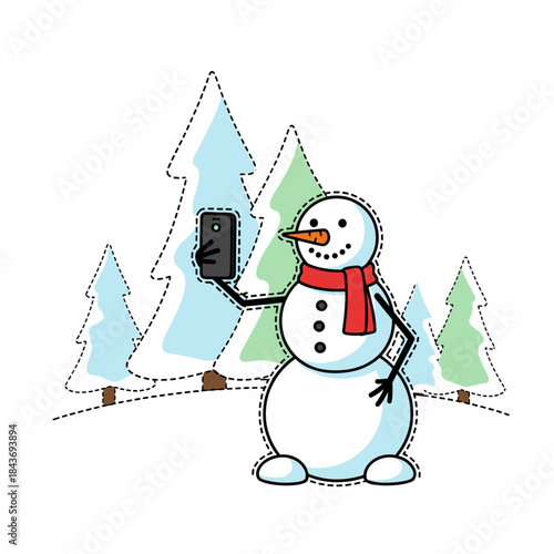 Snowman taking a selfie in a winter forest with pine trees  
