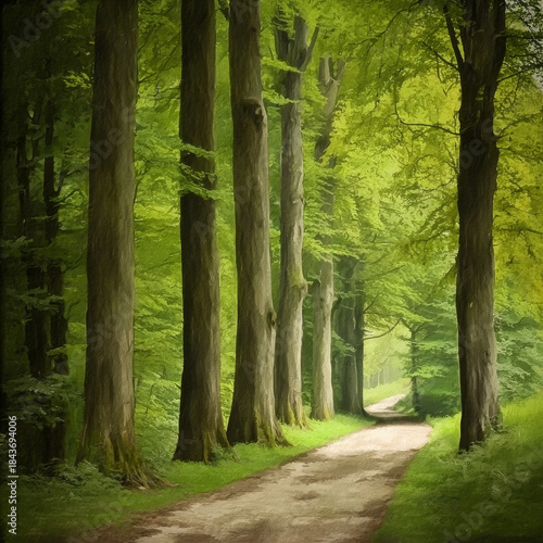 A winding forest path disappears into lush, vibrant green trees, their tall trunks lining the serene, sun-dappled natural landscape