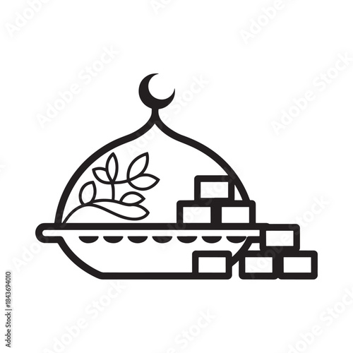 A black and white line drawing of a covered dish with sweets inside