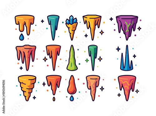 Colorful Stalactite Icons. Stalactites. Colorful isometric vecto