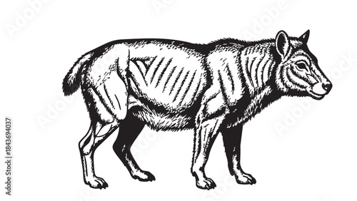Hand-drawn black and white vector art depicting an extinct Thylacine (Tasmanian tiger) with distinctive stripes, standing in profile on an isolated white background — stock vector.