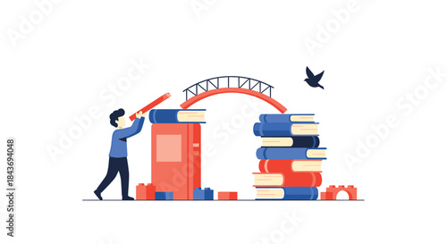 Person building a bridge between two tall stacks of books, symbolizing connection, learning, and bridging knowledge gaps for progress.