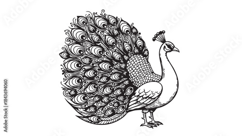 Stylized black and white drawing of a peacock with a magnificent, decorative tail, rendered in an elegant, intricate line art style. — stock vector.