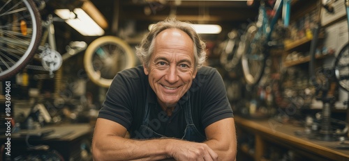 A smiling middle-aged man with graying hair leans on a counter in a bicycle repair shop, surrounded by bicycles and tools.