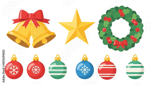 Whimsical holiday decor set featuring bells, star, wreath, and colorful ornaments for celebration