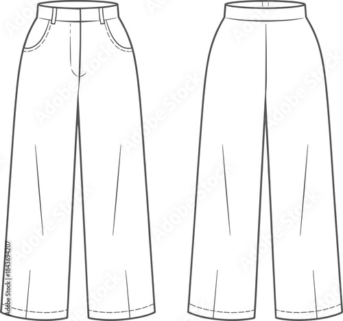 Women's wide leg pants technical fashion flat illustration showing front and back views with pocket construction waistband and seam details