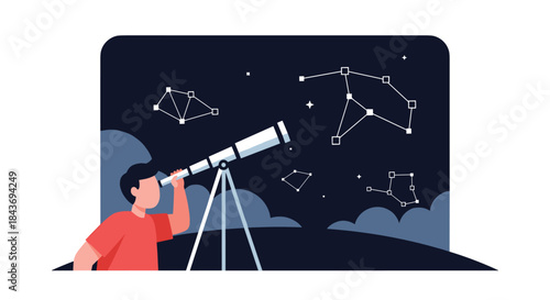 Young man looking through a telescope at stars and constellations in the night sky, exploring the universe as an astronomy hobby.