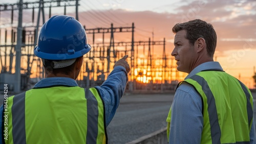 Two male engineers in high-visibility vests and hard hats discuss plans at an electrical substation during sunset.