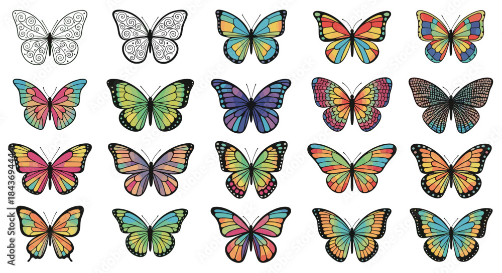 Fototapeta premium Diverse collection of colorful butterfly illustrations and outlines for design elements and creative projects on a white background.
