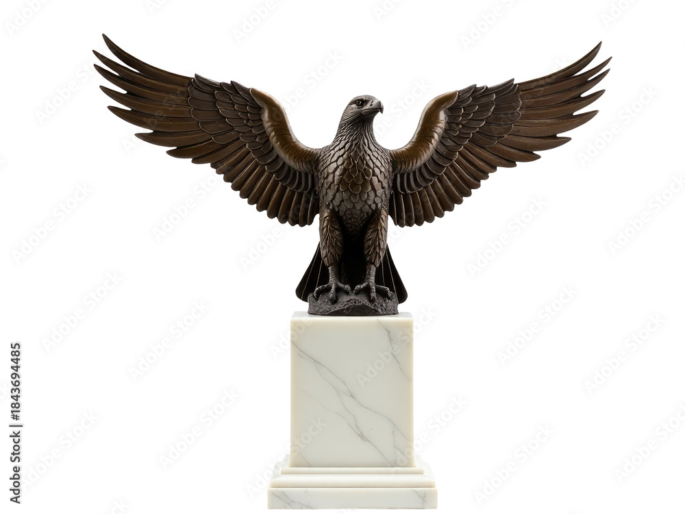 Fototapeta premium A majestic eagle sits atop a white marble pedestal, exuding strength and freedom