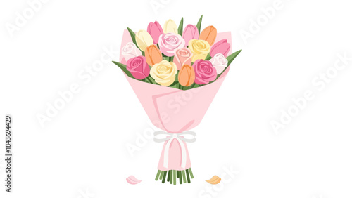 Softly illustrated delightful bouquet featuring colorful roses and tulips, wrapped for gifting