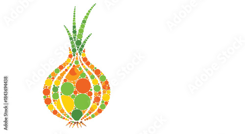 Creative illustration of a single onion bulb made from a colorful circular dot pattern in an artistic mosaic design on white.