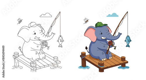 Cute cartoon elephant fishing from a wooden dock with a fishing rod shown as a full-color illustration and a coloring page outline.