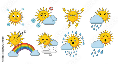 Collection of cute sun cartoon character mascots expressing emotions and representing various weather conditions like rain and snow.