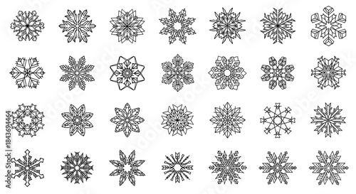 Large and diverse set of intricate geometric snowflake icons in a black and white line art style for winter and Christmas designs.
