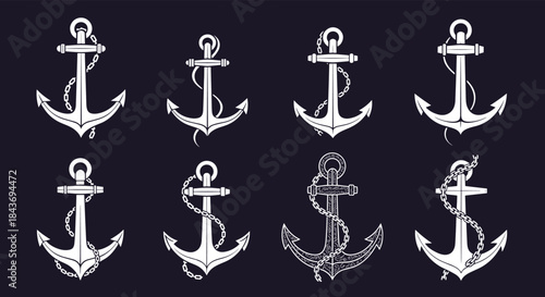 Set of eight classic white ship anchor icons with chains in various styles for nautical and marine-themed designs and logos.
