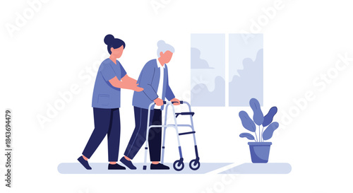 Young female caregiver or nurse providing compassionate assistance to an elderly woman using a walker at a nursing home facility.