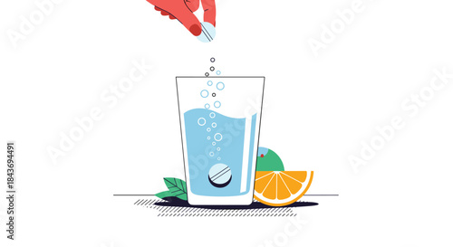 Hand dropping a fizzy effervescent tablet into a glass of water, a concept for soluble vitamins, medicine, and health supplements.