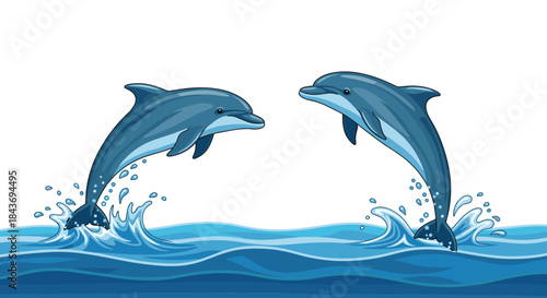 Two happy and playful blue dolphins jumping together out of the ocean waves with water splashing in a cute cartoon illustration.